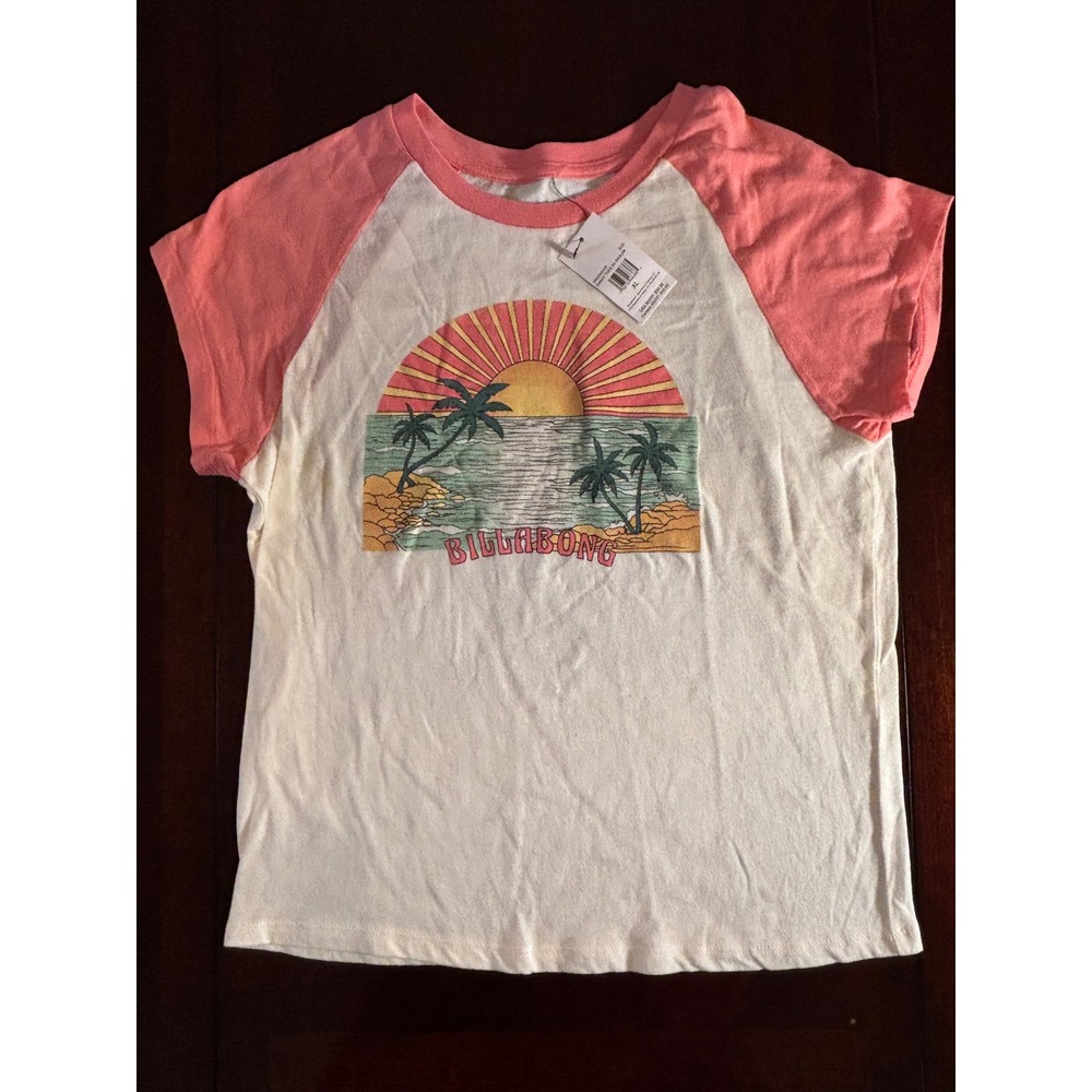 Billabong Sandy Toes Raglan Tee Pink White Sunset Beach Graphic Shirt XL NWT
